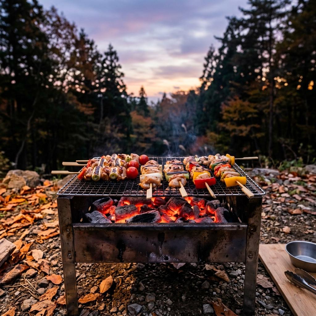 炭火で串焼きを焼く夕方のキャンプ