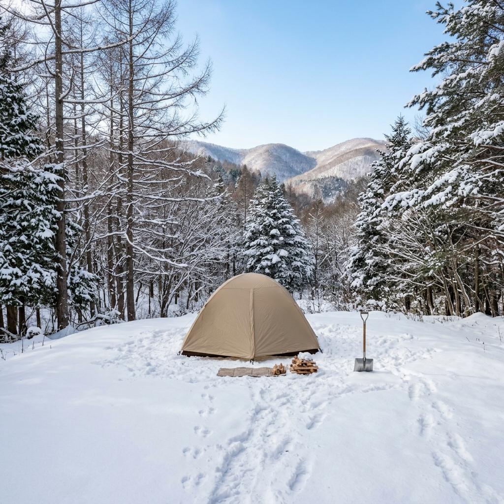 雪の積もった高原のキャンプ場
