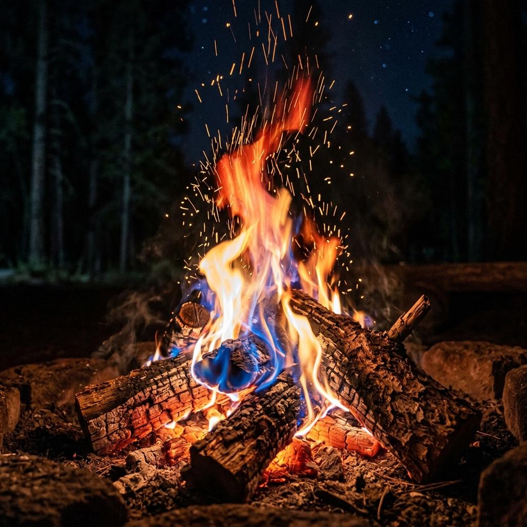 焚き火の炎のアップと舞い上がる火の粉